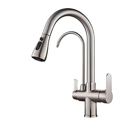 TSIBOMU 3 Way Kitchen Sink Faucet with Drinking Water Faucet, 2 Handle 3 in 1 Pull Down Kitchen Faucet with Water Filter Purifier Faucets (Brushed Nickel)
