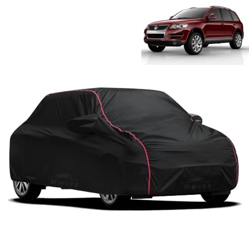 Image of Waterproof Car Cover for Volkswagen Touareg | All-Weather Protection, Dustproof & UV Resistant | Triple Stitched Mirror Pockets, Windproof Buckle Strap with Elastic Hem, Black-Red Piping
