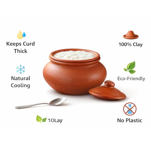 Image of AL-BISMI 1.3 Liter Chini Mitti Ke Bartan Clay Cooking Pot with Lid, Earthen Curd Pot, Biryani Handi, Curd Maker