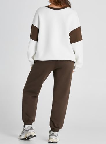 Herseas Womens Two Piece Outfits Long Sleeve Color Block Crewneck Tracksuit Fall Trendy Lounge Set2