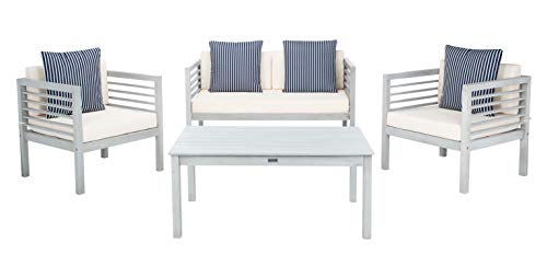 Safavieh Outdoor Collection Alda Grey / Beige Cushions/ Striped Pillows 4-Piece Conversation Patio Set #TOP3