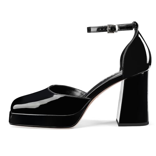Black Platform Heels Chunky High Heel Patent Leather Pumps Closed Square Toe Block Heels with Ankle Strap for Women Ladies Sexy2