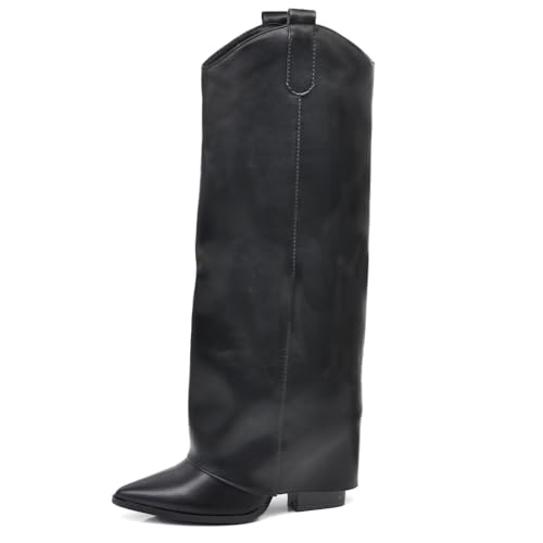IF FASHION Stivali Alti A Punta Gambale A Ghetta Con Tacco Da Donna in Ecopelle Liscia – Stile Western Eleganti G701 Nero N.39