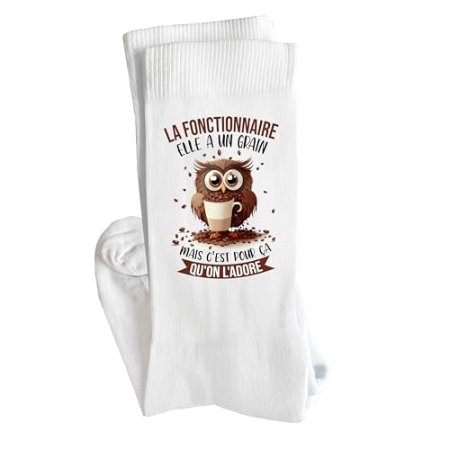 Planetee - Planetee Chaussettes La Fonctionnaire Chouette grain Taille 37-40 | Cadeau Original Femme Anniversaire Noël Humour, Blanc, 38