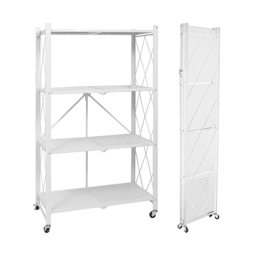 折りたたみラック 組み立て不要 スチールラック 幅71×奥行34×高さ126cm キャスター付き ABOUTHOME 収納ラック 折り畳み スチールラック本体 キッチン収納 折りたたみ 移動便利 防サビ加工 (4段 ホワイト)