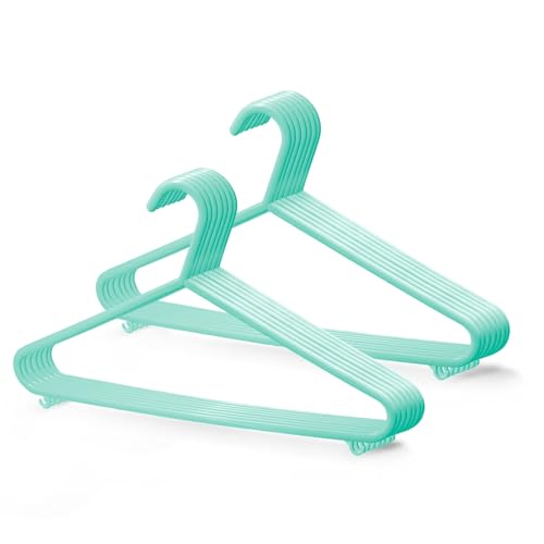 KEPLIN Adult Plastic Coat Hangers - 25pk, Strong Clothes Hangers for Clothes Rail & Closet, Clothing Hanger with Suit Pants Trouser Bar and Clips, Space Saving, 37.5 cm Wide (Mint)