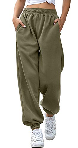 Women's Cinch Bottom Sweatpants Pockets High Waist Sporty Gym Athletic Fit Jogger Pants Lounge Trousers (Army Green, L)