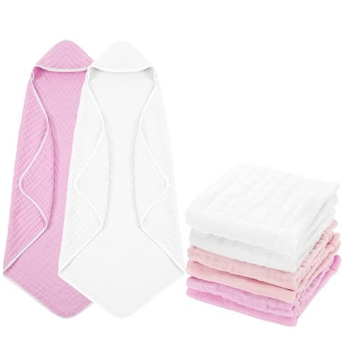 Image of Peryiter 8 Pack Baby Bath Towels and Wash Cloth Set Muslin Hooded Soft 100% Cotton Baby Hooded Bath Towel Absorbent Towels Cloths for Babies, Infant, Toddler and Kids Newborn(Pink Series)