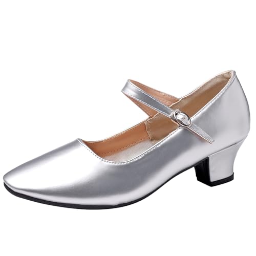 WUIWUIYU Womens Latin Ballroom Dance Shoes Pointed-Toe Ankle Strap Soft Sole Dancing Heels Mary Jane Shoe Silver Size 5