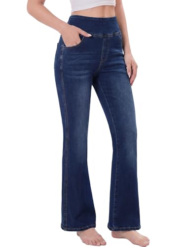 Image of Chasehot Pull on Flare Jeans for Women, Trendy Stretchy High Waisted Bell Bottom Skinny Boot Cut Jeans Legging for Women Medium Wash (Classic Denim Texture-M