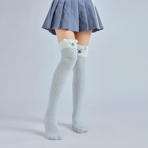 Image of Thigh High Fuzzy Socks Cute Animal Coral Fleece Over the Knee Thigh High Long Stockings Warm Stripe