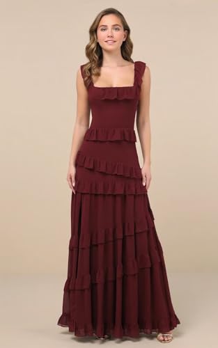 Women's Tiered Ruffles Chiffon Bridesmaid Dresses Long for Wedding with Slit Square Neck Formal Party Maxi Dresses2