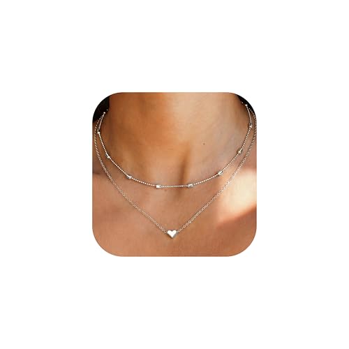 Image of JeweBella Silver Layered Necklaces for Women Heart Necklace 40+5CM