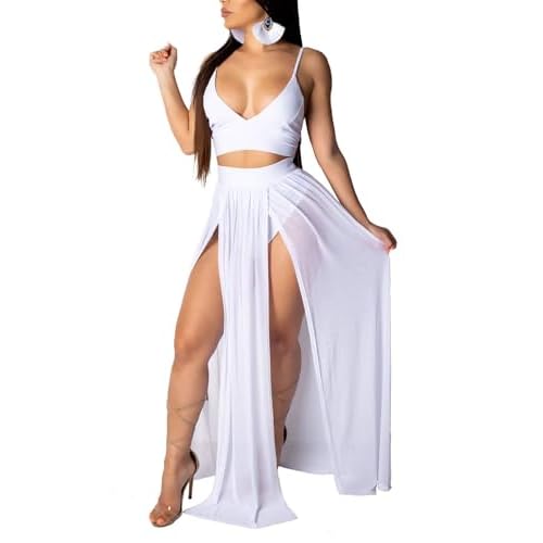 Women Sexy 2 Piece Outfits Dress Chiffon Strap Deep V Neck Bra Crop Top High Split Maxi Dresses Skirt Set X-Small White