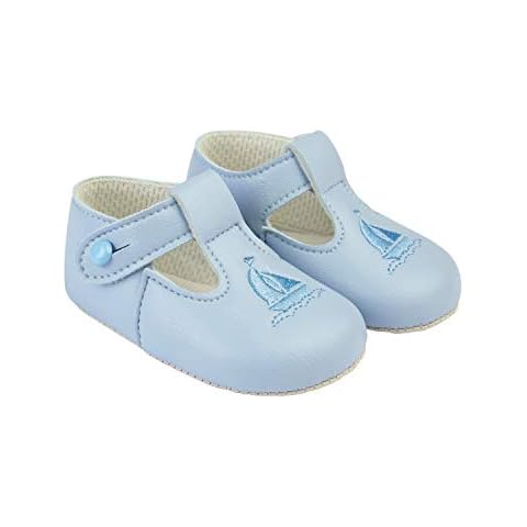 Early Days Baypods, B119 Button T Bar with Yacht Embroidery, Pre Walker Baby Shoes Made in The Softest Faux Leather Sky Blue, Made in England Cover