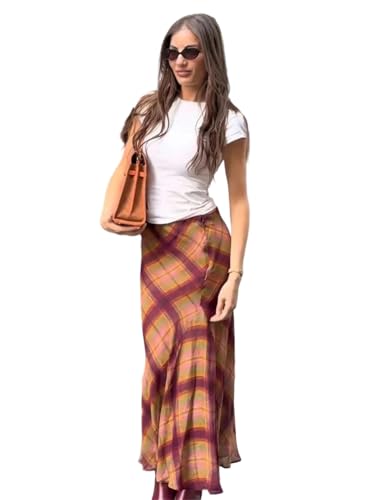 Women's Retro Style Puff Sleeve Sweater Plaid Midi Skirts Sets