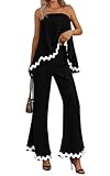 PRETTYGARDEN Strapless Plus Size 2 Piece Outfits for Women Summer Sleeveless Cute Lounge Sets for Women 2 Piece Long Pants (Black,XX-Large)