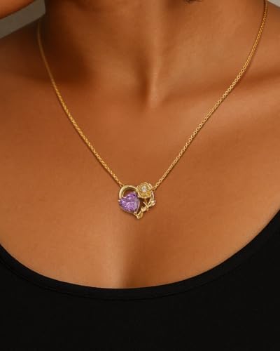 Birthstone Heart Necklaces for Women: 925 Sterling Silver Birth Flower Necklace Dainty Gold Jewelry Gifts for Mom Daughter Wife Her Girlfriend Birthday Christmas Anniversary3