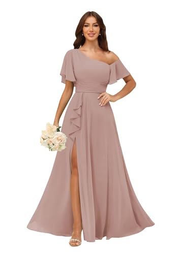 Image of One Shoulder Bridesmaid Dresses for Women with Pockets Short Sleeve Ruffled Chiffon Formal Evening Gowns