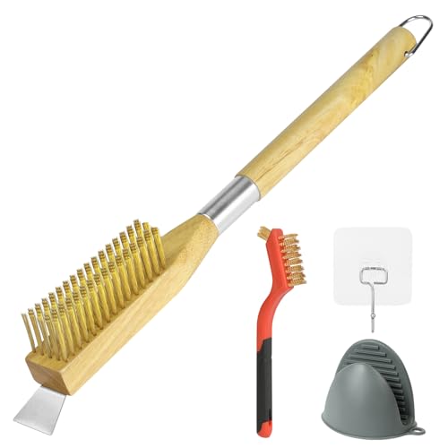 OFFCUP Pizza Oven Brush Pizza Stone Cleaning Brush with Scraper Brass Bristles Cleaning Tool with Detachable Long Handle Outdoor Pizza Oven Tools with Hook up and Small Brush