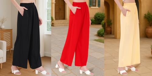 Image of Buy That Trendz Palazzo Pants for Women Rayon Elasticated Regular Fit Flared Wide Leg M to 6XL Pack of 3