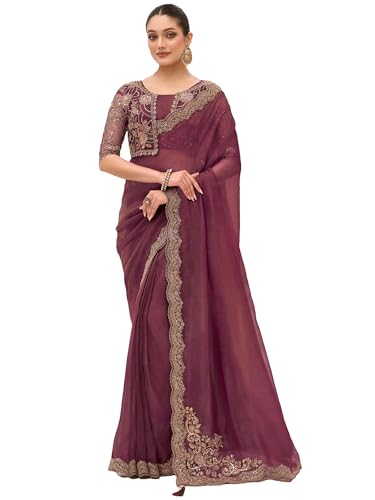 AKHILAM Women's Satin Heavy Embroidered Work Saree With Unstitche...
