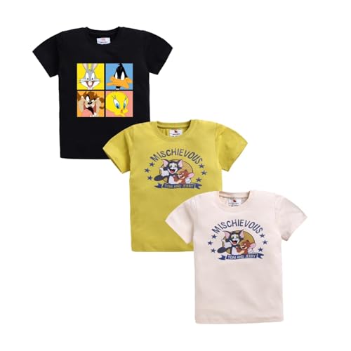 Image of Amazon Brand - Jam & Honey Boys Half Sleeve Graphic Printed T-Shirt | Round Neck | Regular Fit | Cartoon Characters (Available from 4-8 Years) (Pack of 3)