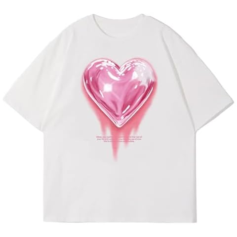 KIEKIECOO Oversized Graphic Tees for Women Valentine's Day Love Balloon Cute Shirts for Teens Girls Heart Shirt Men Tshirts(White,S) Cover
