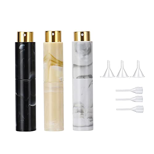 MEGREZ 3 Pack Perfume Atomizer Bottles, Portable Mini Travel Refillable Perfume Bottle Atomizer , Refillable Perfume Atomizer Spray Come with Funnel Straw, 10ml ( Black & White & Yellow )