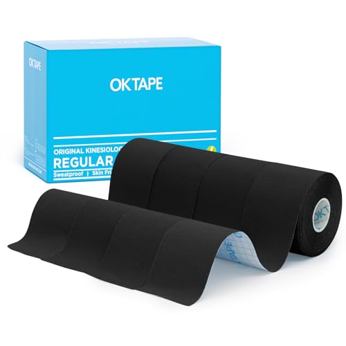Image of OK TAPE Kinesiology Tape (4 Pack) Latex Free Cotton Uncut 2in x 16.4ft | Regular Original Elastic Water Resistant Therapeutic Athletic Tape for Support Muscle Joint Knee Injury Recovery Black