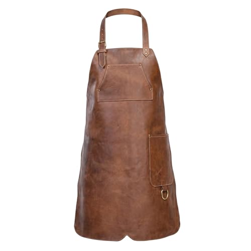 Tablier de barbecue en cuir marron imperméable pour homme avec sangle réglable et poche
