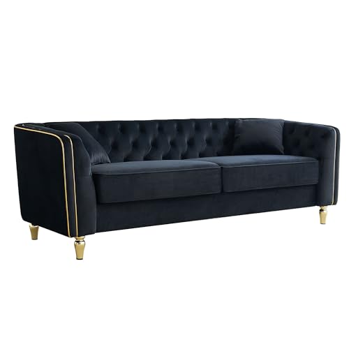 Image of KEIKI 87 inch Chesterfield Velvet Button Tufted Sofa with High Density Foam Cushions, Modern Style 3-Seater Couch with Gold Strip Trim Decoration, Easy Assembly, for Apartment, Living Room, Office, Black
