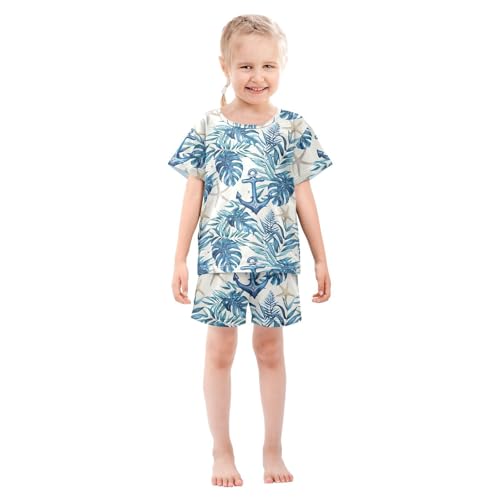 ALAZA Anchor Tropical Leaves Starfish Pajama Set Short Sleeve Sleepwear Soft Lounge Nightwear3