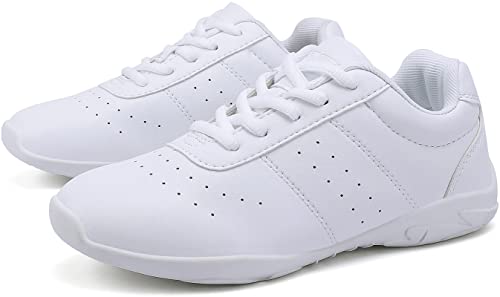 Image of BAXINIER Youth Girls White Cheerleading Dancing Shoes Athletic Training Tennis Walking Breathable Competition Cheer Sneakers