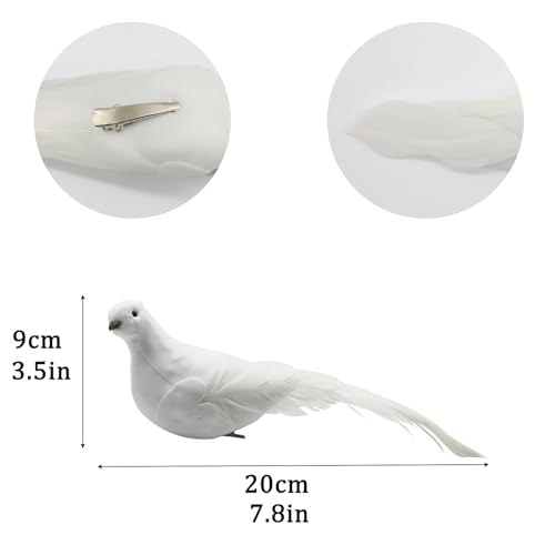 LWINGFLYER 2PCS White Peace Doves Feathered Love Birds 8-Inch Clip on Ornaments for Christmas Tree Decorations Wedding Cake Centerpieces Bird Cage Wreath Crafts Floral Arrangement Funeral