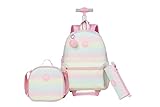 kingdisen Wheels Mochila infantil com rodinhas para bagagem primária, mochila escolar com lancheira, conjunto de 3 peças, Rosa PU, Large, Divertido e fofo