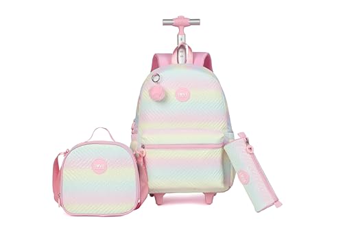 Rolling Backpack with Wheels School Trolley Laptop Bag with Lunch Box 3pc Set for women (PU PINK)