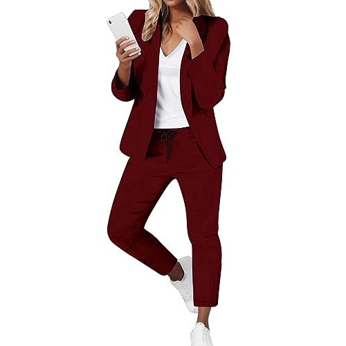 Summer Sets Women 2 Piece Outfits Plus Size Long Sleeve Cardigan with Pockets and Elastic Straight Leg Pants Set A-Wine