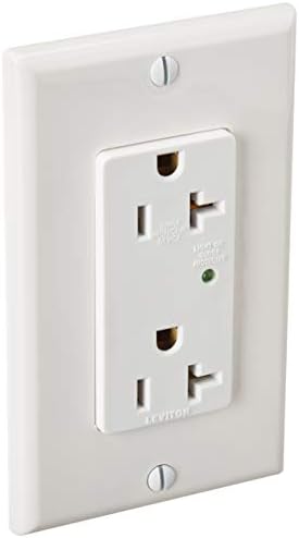 Leviton 5380-W 20 Amp, 125 Volt, Decora Plus Duplex Surge Suppressor Receptacle, Straight Blade, Industrial Grade, Self Grounding, Surge with Indicator Light, White