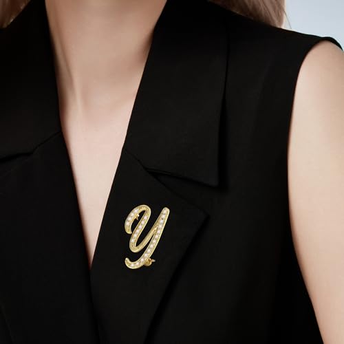 Image of Cicy Bell A-Z Initial 26 Letter Brooch Pins 18k Gold Plated Cubic Zirconia Breastpin Name Personalized Gifts for Women Men