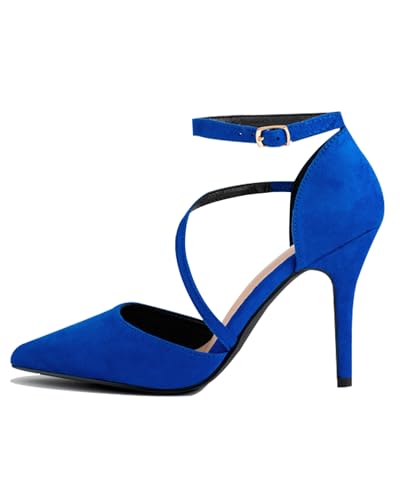 Image of Women's Pointed Toe High Heel Pumps, Elegant Asymmetric Cross Strap D'Orsay Stiletto Strappy Heels, Glossy Patent Dress Shoes for Wedding, Party, and Office