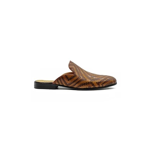 Image of Men’s Woven Leather Embossed Slip-On Half Mules –Backless Loafers with Blake-Stitched Sole[108-8C-BROWN-44]