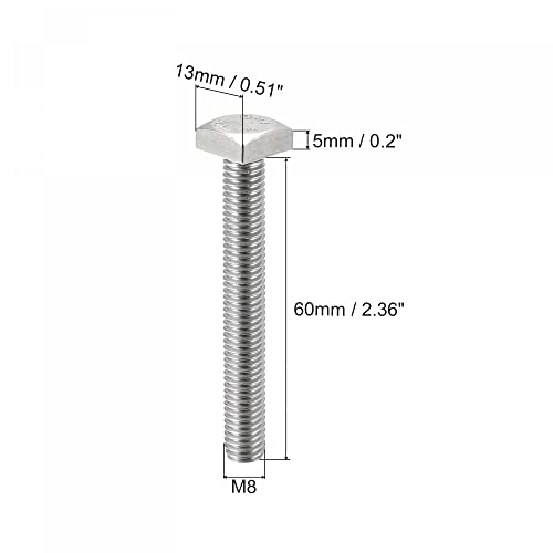 Image of uxcell Square Head Bolt, 5pcs M8x60mm Fully Thread 304 Stainless Steel Grade C Square Machine Screws