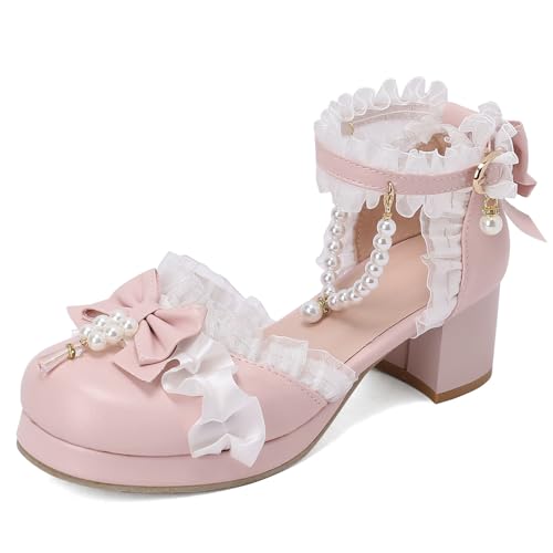 LUXMAX Womens Bow Double Strap Mary Janes Lolita Shoes Square Toe Chunky Heel Pumps