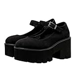  Shouda Automne Femmes Plate-Forme Talons Hauts Gothique Punk Boucle Sangle Mary Jane Chaussures rétro Bout Rond en Daim épais Plate-Forme Pompes Noir