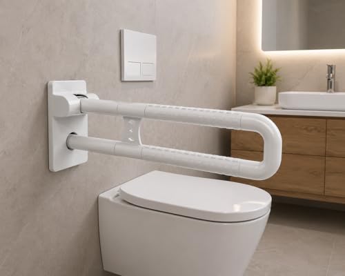 Image of Aquieen Folding Grab Bar for Bathroom & Toilet | Heavy Duty Wall Mounted Handicap Support Rail | Stainless Steel Safety Handle for Elderly, Disabled & Pregnant Women | Anti-Slip Grip | White (8444 H)