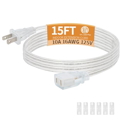 Clear Extension Cord, 15 Feet Thin Extension Cords Indoor Thin with UL-Certified 2 Prong Indoor Cord Extension, 2 x 16AWG 10A/125V (1Pack) 15FT-1 Pack 1 Outlet