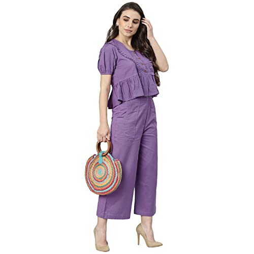 Image of DEEBACO Women's Solid Calf Length Top with Trouser|V-Neck|Short Sleeve|Cord Set for Women Cotton|Jumpsuits Western Dress for Women Stylish|Two Piece Co ord Set|Party Casual Wear(Aqua Blue)