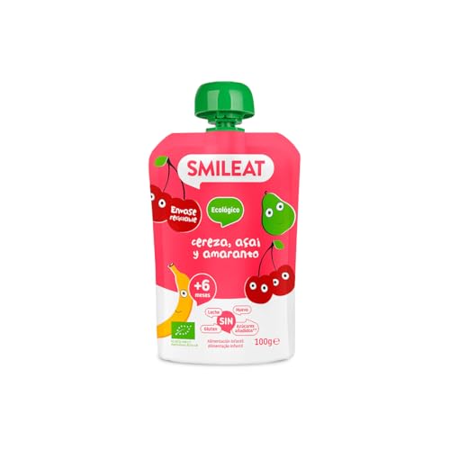 Smileat - Pouch de Frutas Ecológicas - Sin Sal ni Azúcar Añadido, Sin Gluten - Snack Práctico para Peques - Sabor a Cereza, Açai y Amaranto