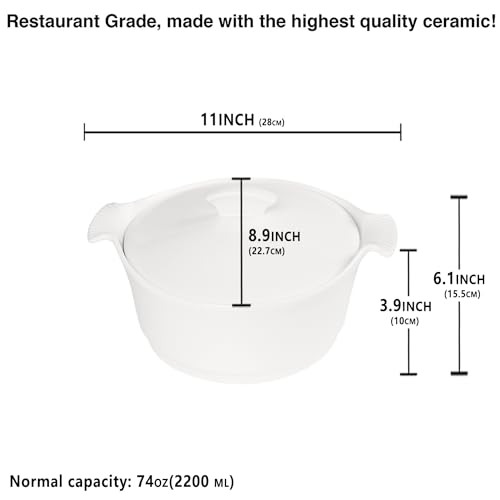8.9" Ceramic Casserole Dish with Lids, 2.2 Quart White French Soup Tureen Bakeware Set with Handle 11 IN, Chip and Crack Resistant Baking Dish, Microwave Dishwasher Oven Fridge Safe